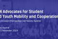 A background image of the participants attending the Civil Society Summit, with a dark blue gradient layer on top, on which there is the title "ESN Advocates for Student and Youth Mobility and Cooperation. The 1st Eastern Partnership Civil Society Summit.19-21 November, 2024. Vienna, Austria