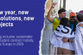 The visual shows on the left side the title:”New year, new resolutions, new projects” and subtitle: “Driving inclusive, sustainable and student-centred mobility across Europe in 2026”. And on the right side there is a picture of young people hugging and celebrating. 
